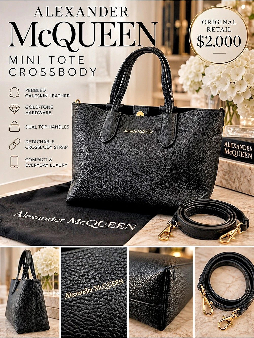 Alexander McQueen Mini Cross-Bar Tote Bag Black Leather